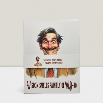Note card set with Goofy Man design and humorous text on a white background