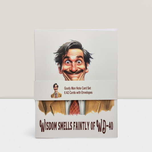 Note card set with Goofy Man design and humorous text on a white background