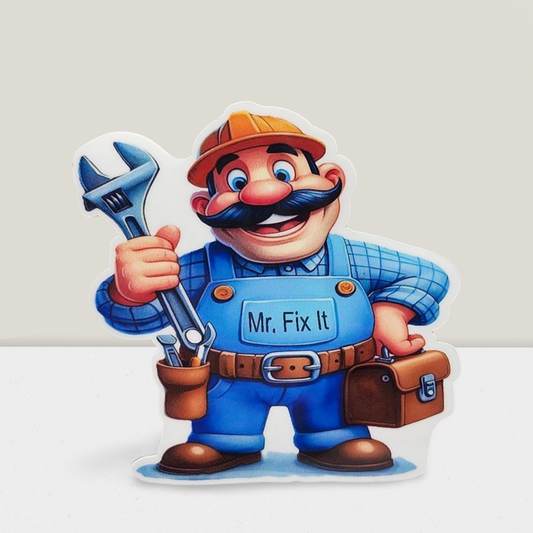 Cartoon character named 'Mr. Fix It' holding a wrench on a white background