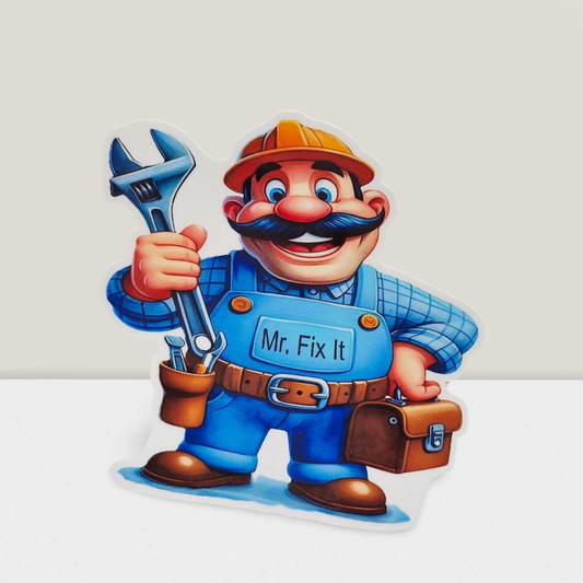 Cartoon character named 'Mr. Fix It' holding a wrench on a white background