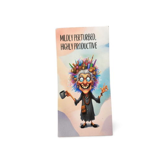 Cartoon character with colorful hair and a sign above saying 'Mildly Perturbed, Highly Productive' on a white background.