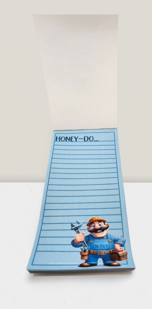 Notepad with cartoon character holding a hammer and text 'Honey-Do...' on a white background