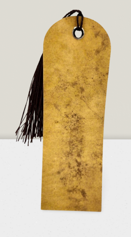 Brown leather bookmark with tassel on a white background