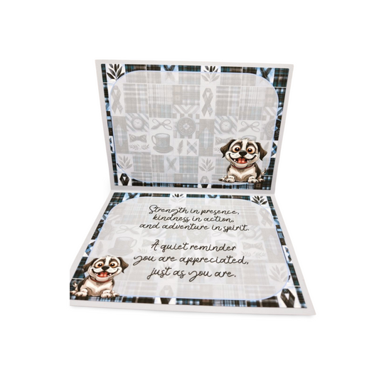 Card with a dog illustration and motivational text on a white background