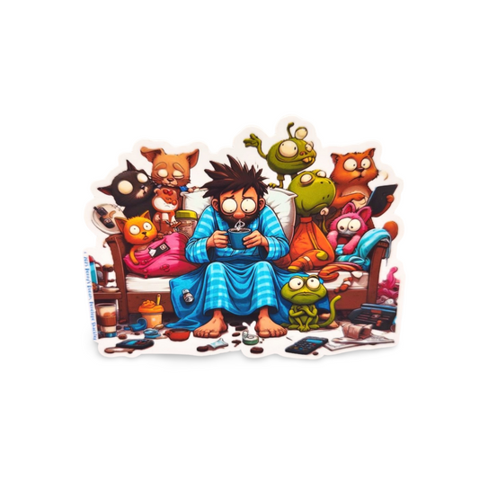 Cartoon character sitting on a couch with animated animals around, holding a coffee cup.