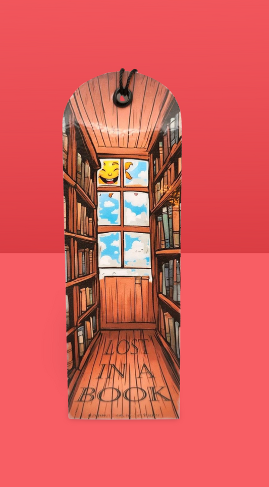 Bookshelf bookmark with 'Lost in a Book' text on a red background