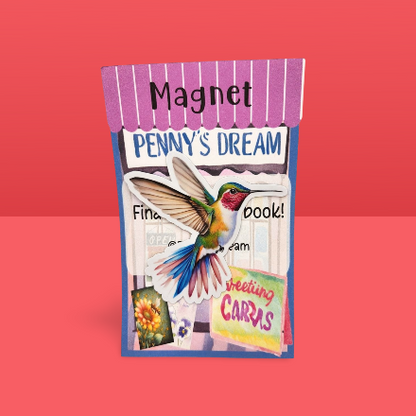 Magnet packaging with a colorful bird illustration on a red background