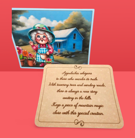 Card with a cartoon character and scenic background on a red background