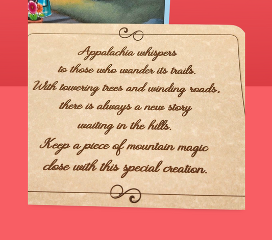 Card with Appalachian-themed text on a red background