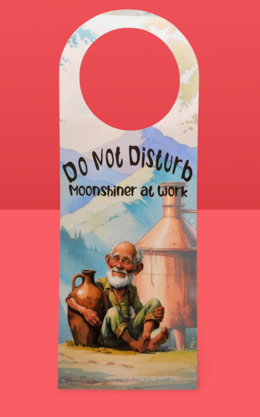 Door hanger with illustration of an old man and moonshine still, text 'Do Not Disturb Moonshiner at Work' on a red background.