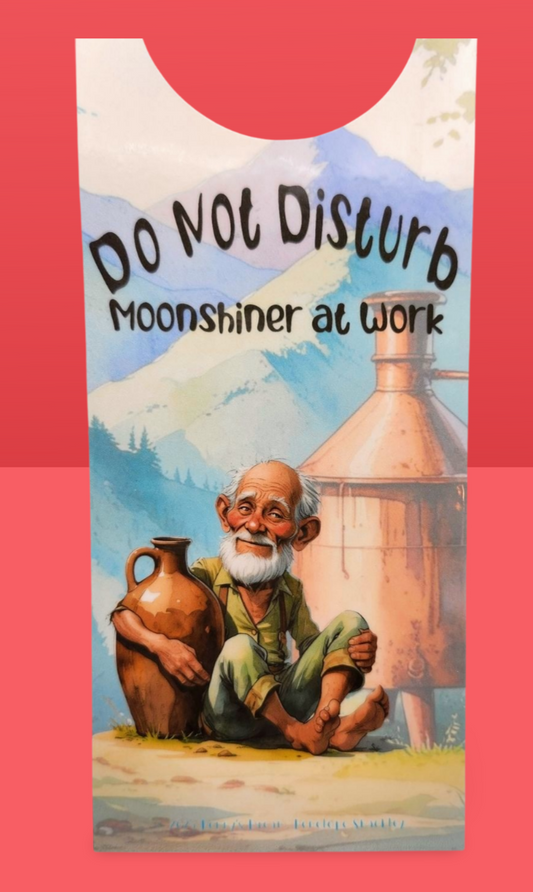 Cartoon of a man with a pot and a still, labeled 'Do Not Disturb Moonshiner at Work' on a red background.
