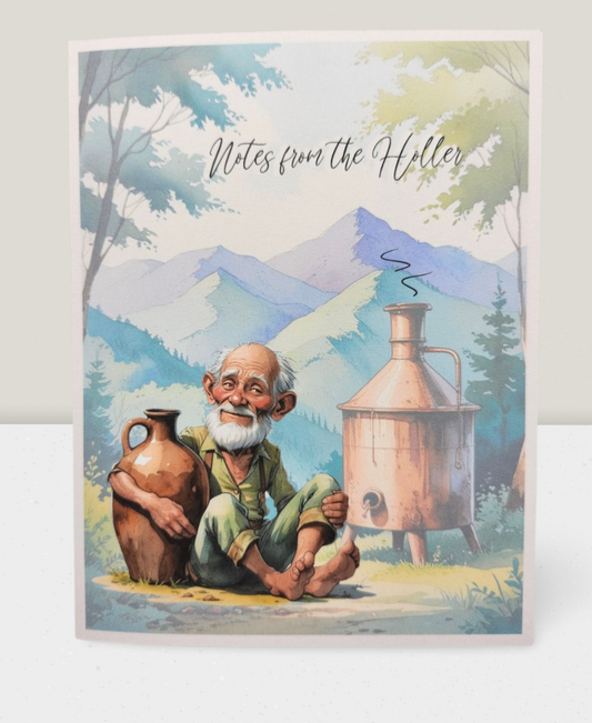Illustration of an elderly man with a beard, holding a clay pot, sitting in a scenic mountainous area with 'Notes from the Hiller' text.