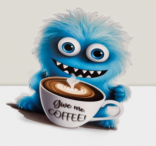 Blue fluffy creature holding a coffee cup with 'Give me Coffee!' text on a white background