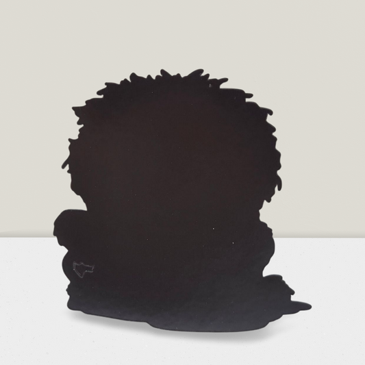 Black silhouette of a person with a large afro on a white background