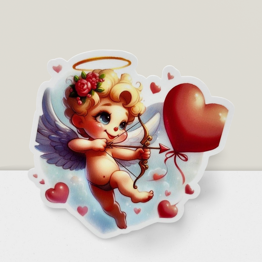 Cute cartoon cupid with a bow and heart on a light background