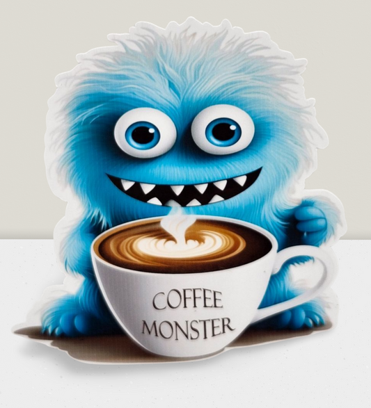 Blue monster with a coffee cup labeled 'Coffee Monster' on a white background