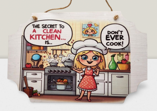 Cartoon character in a kitchen with humorous text about cooking and cleanliness.