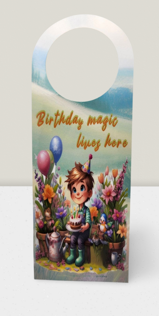 Decorative door hanger with a child holding a birthday cake and balloons, set against a scenic background.