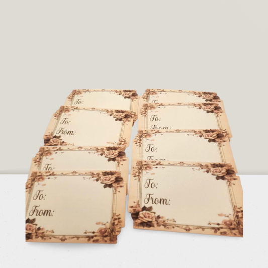 Set of gift tags with 'To' and 'From' fields on a white background