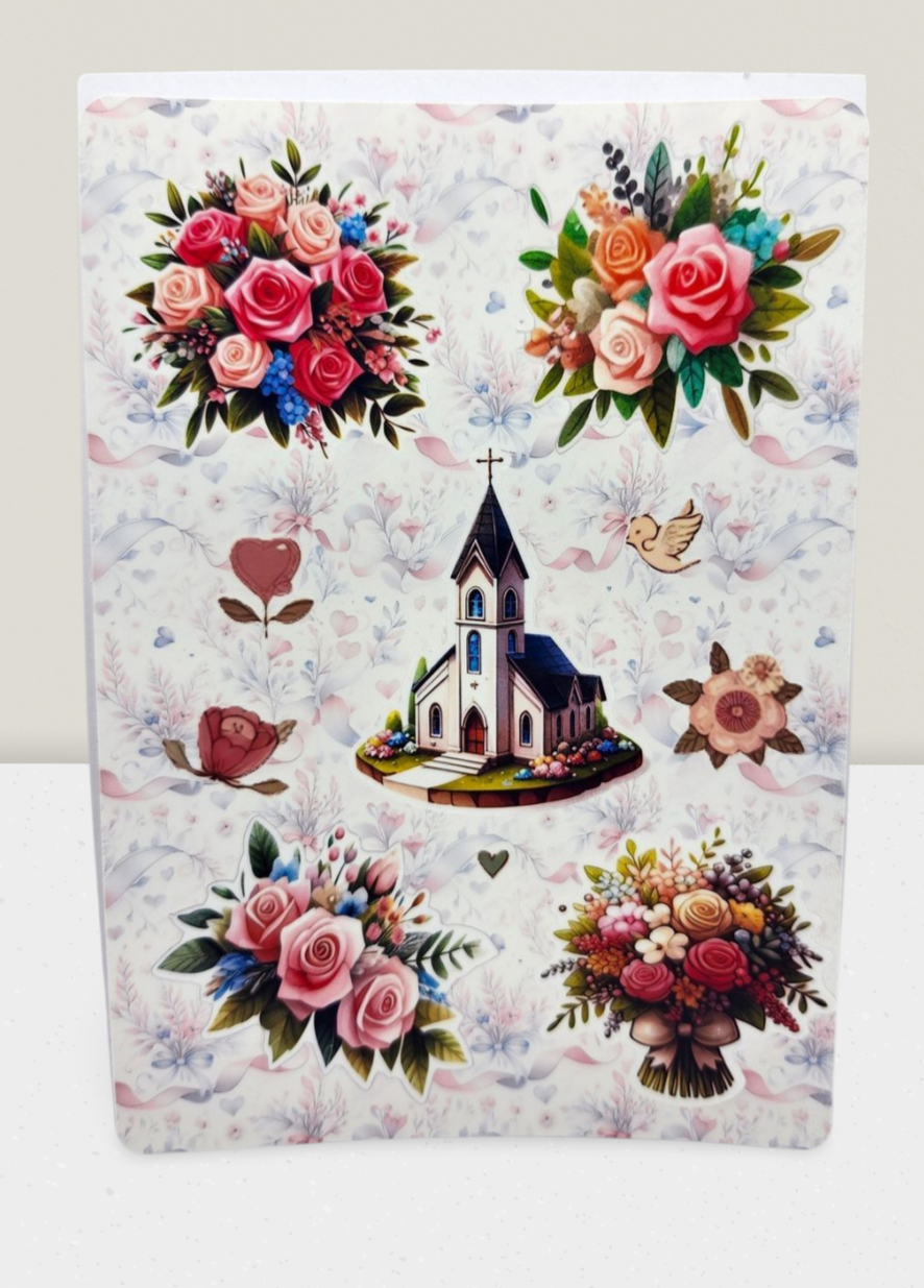 Decorative paper with floral designs and a church illustration on a white background