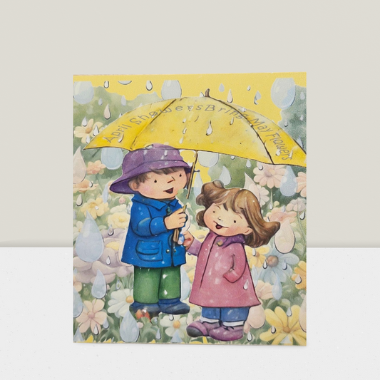 Children's illustration of two children holding a yellow umbrella with raindrops, on a floral background.