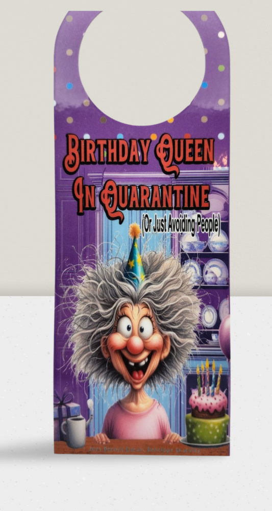 Door hanger with cartoon character celebrating a birthday during quarantine on a white background