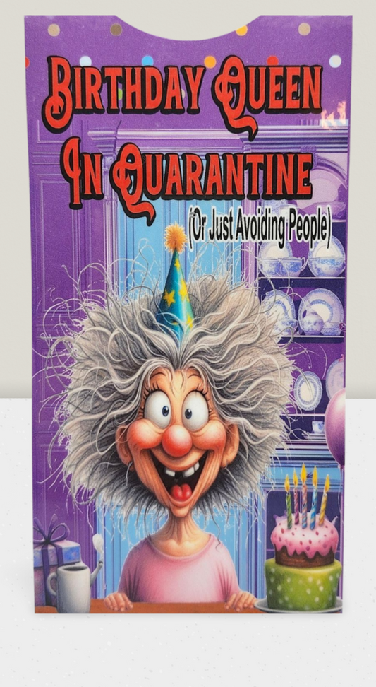 Cartoon character with birthday hat and cake in front of a purple background with text 'Birthday Queen in Quarantine'.