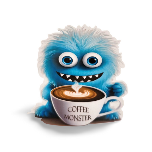 Blue monster character with a coffee cup labeled 'Coffee Monster' on a white background