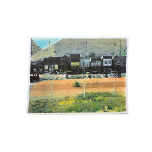 Vintage-style postcard with a train and buildings on a white background