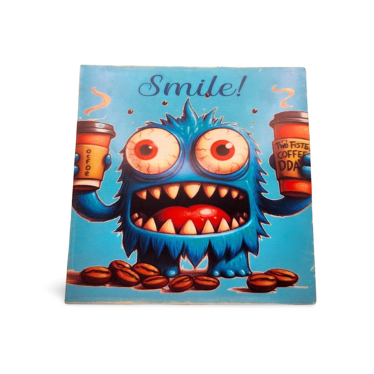 Book cover with a cartoon monster holding coffee cups and the word 'Smile!' on a blue background.