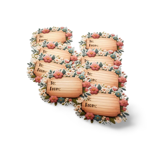 Decorative gift tags shaped like a number '6' with floral designs on a white background