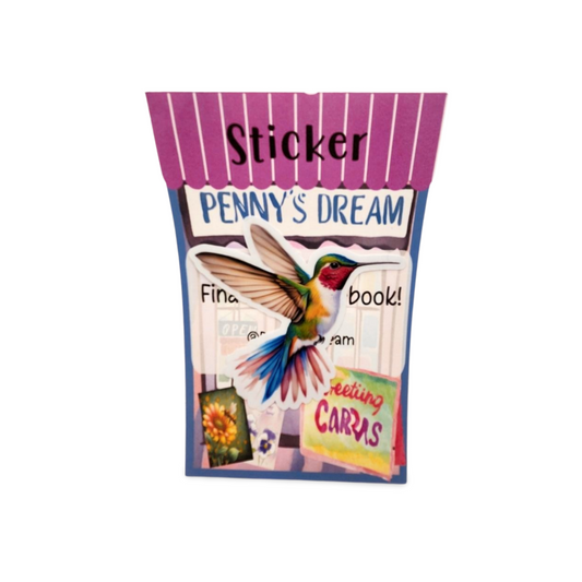 Packaging for 'Penny's Dream' sticker book with a colorful bird illustration on a white background.