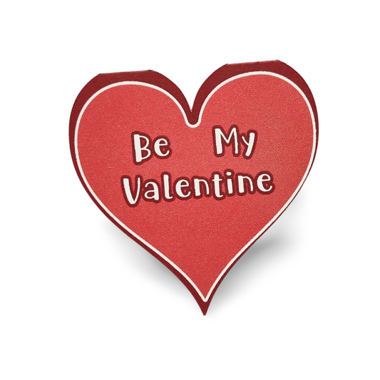 Red heart-shaped card with 'Be My Valentine' text on a white background