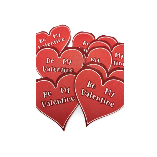 Red hearts with 'Be My Valentine' text on a white background