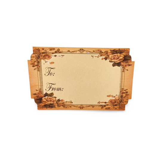 Decorative gift tag with floral design on a white background