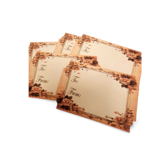 Set of vintage-style gift tags with floral designs on a white background