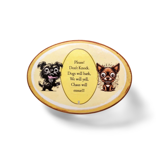 Decorative plate with cartoon dogs and humorous text on a white background