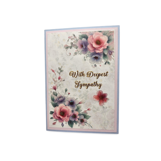 Sympathy card with floral design and 'With Deepest Sympathy' text on a light background