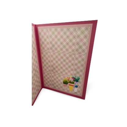 Decorative card with floral design and red border on a white background