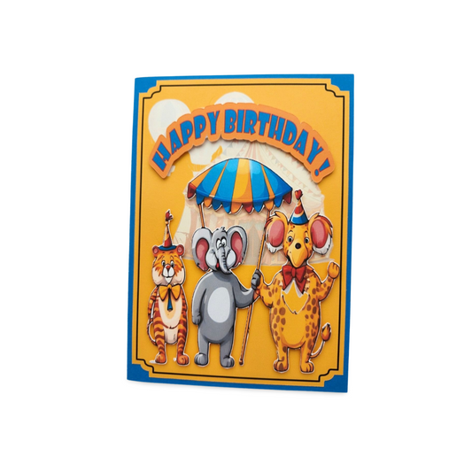 Birthday card with cartoon animals holding an umbrella and 'Happy Birthday!' text.