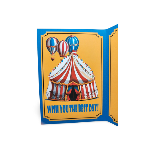 Greeting card with circus tent and hot air balloons design on a yellow background