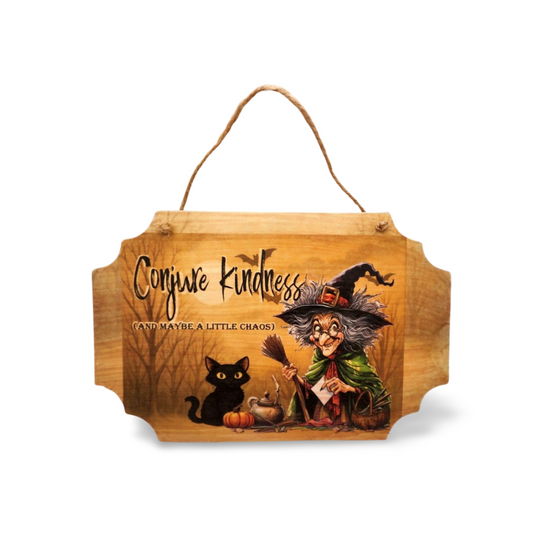 Wooden Halloween sign with witch, black cat, and pumpkin design on a white background