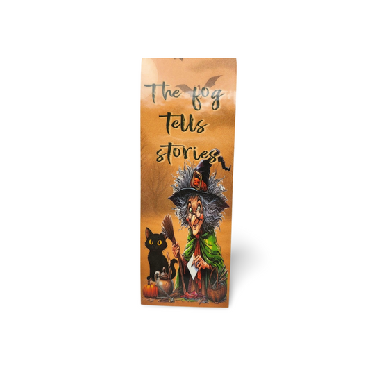 Halloween-themed bookmark with witch and black cat design on a white background