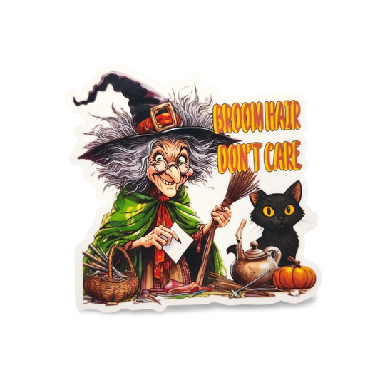 Halloween-themed sticker with a witch and black cat, featuring the text 'Broom Hair Don't Care'.