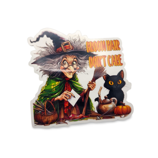 Halloween-themed sticker with a witch and black cat, featuring text 'Broom Hair Don't Care'.
