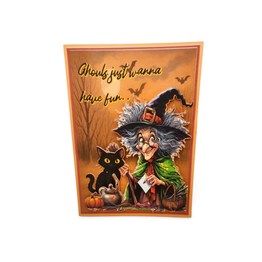 Halloween-themed card with a witch and black cat on an orange background