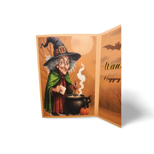 Halloween-themed card with a witch and cauldron design on a white background
