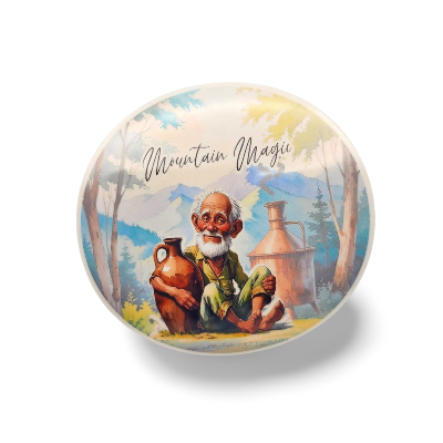 Decorative plate with a mountain scene and an elderly man holding a jar, labeled 'Mountain Magic'.