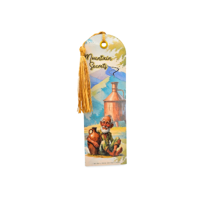 Decorative bookmark with mountain-themed illustration and tassel on a white background