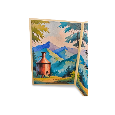 Greeting card with a scenic design of a copper still and mountains on a white background